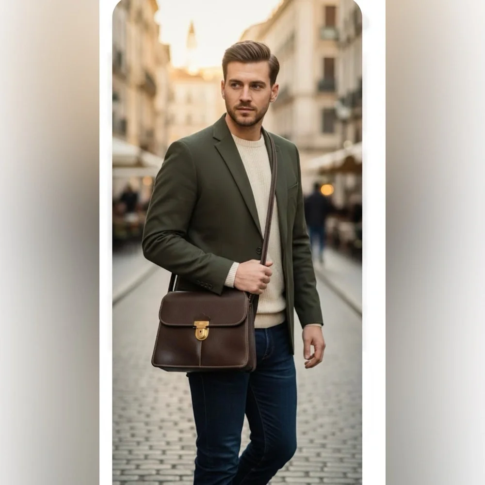 Vintage .Brown Leather Bag with Gold Lock